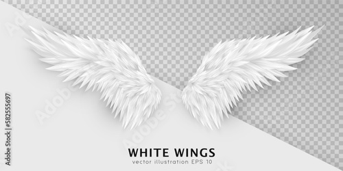 Three dimensional white angel wings. Masquerade, festival, carnival costume. Realistic bird wings isolated on transparent background. Freedom, spiritual concept. Vector illustrator EPS 10