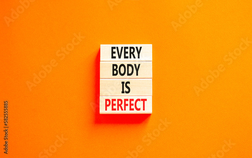 Every body is perfect symbol. Concept words Every body is perfect on wooden block. Beautiful orange table orange background. Motivational business every body is perfect concept. Copy space.