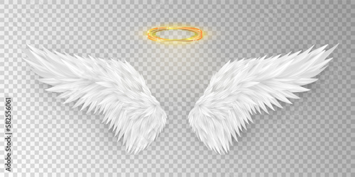 Three dimensional angel white wings and shiny nimbus. Masquerade, festival, carnival costume. Realistic saint aureole (halo) and wings isolated on transparent background. Vector illustrator EPS 10