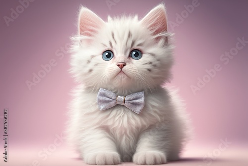 Fluffy and tabby cat with a butterfly around his neck. Portrait of a pet on a studio background. The idea of an elegant gentleman in the form of a cat. Generative Ai