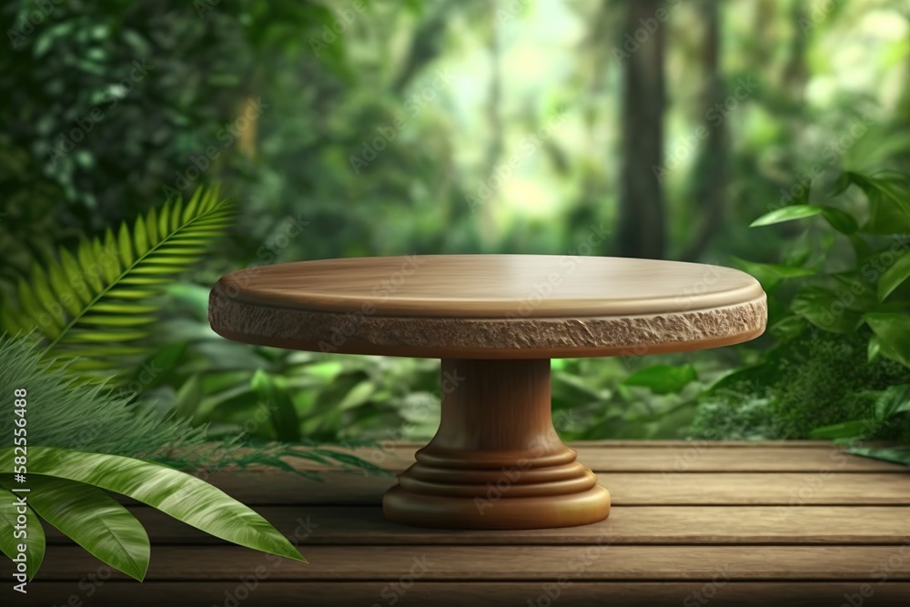 empty wooden tabletop podium in garden open forest, blurred green plants background with space. organic product presents natural placement pedestal display, spring and summer concept. Generative AI empty wooden tabletop podium in garden open forest, blurred green plants background with space. organic product presents natural placement pedestal display, spring and summer concept. Generative AI
