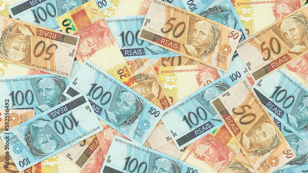 Money scattered. 100, 50 and 20 reais. Money from Brazil. 3d rendering. Money scattered. 100, 50 and 20 reais. Money from Brazil. 3d rendering.