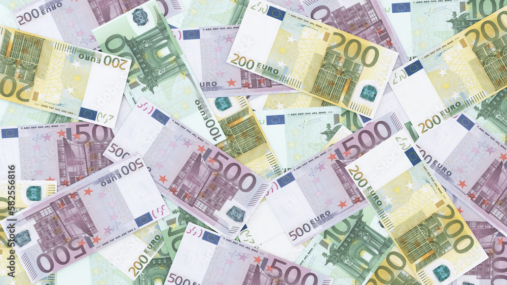 Money scattered. 100, 200 and 500 euros. 3d rendering. Money scattered. 100, 200 and 500 euros. 3d rendering.