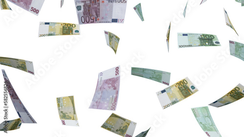 Several banknotes of money flying on a black background. 100, 200 and 500 euros. Europe euro. 3d rendering.