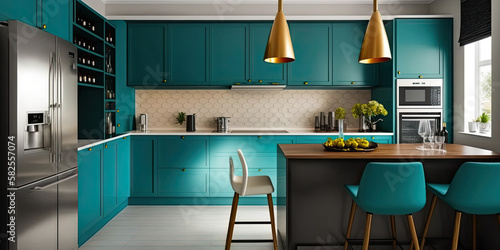 Modern Kitchen with Teal Base Cabinets ,generative artificial intelligence