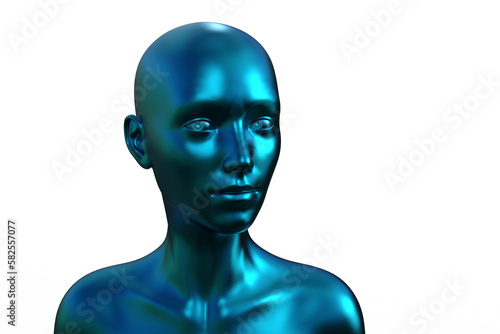 3d illustration. Portrait of a blue bald woman on a white background. 