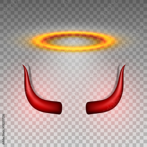 Three dimensional shiny golden nimbus and red devil horns. Glossy daemon horns and halo, angel ring isolated in transparent background. Carnival, masquerade elements. Vector illustration EPS 10