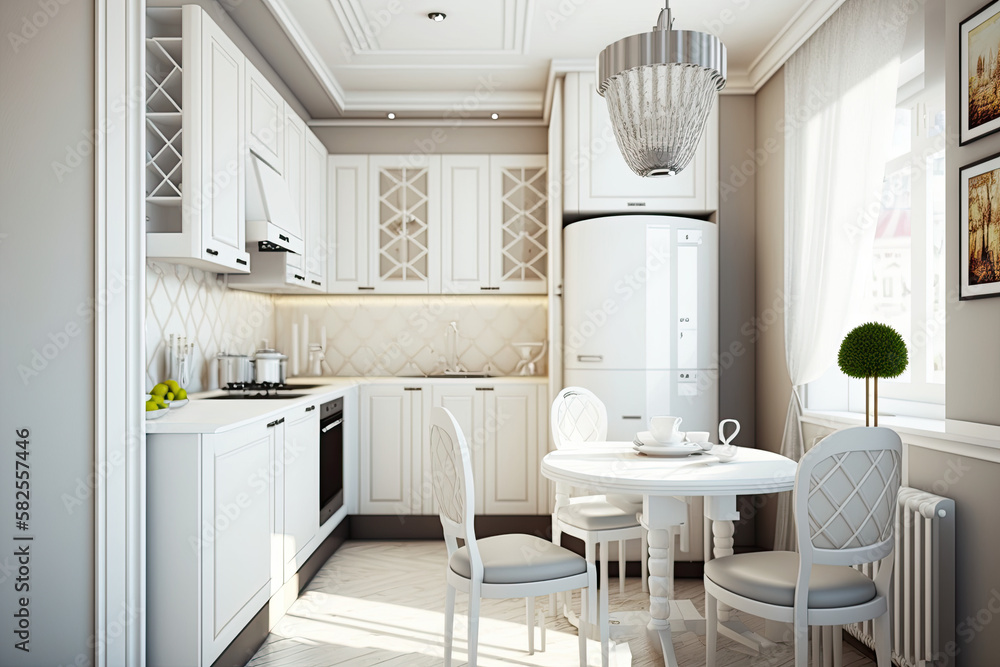 Modern new light interior of kitchen with white furniture,generative artificial intelligence Modern new light interior of kitchen with white furniture,generative artificial intelligence