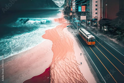A surreal scene blends a vibrant cityscape with a uniquely colored seashore, where turquoise waves meet a reddish-pink sand beside a modern tram. AI generated.