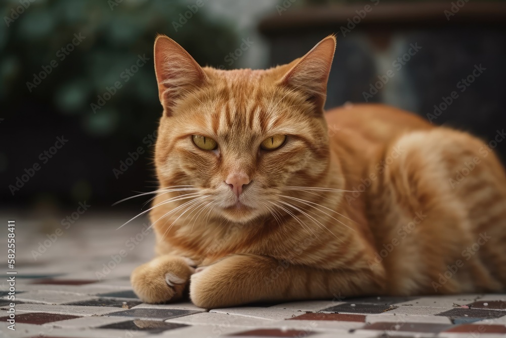 Resting on a paved lawn area is a domestic ginger orange cat. Generative AI