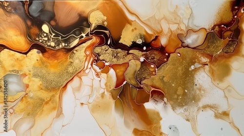 Abstract gold brown alcohol ink style, beautiful presentation with gold glitter shimmer elements, created using generative AI