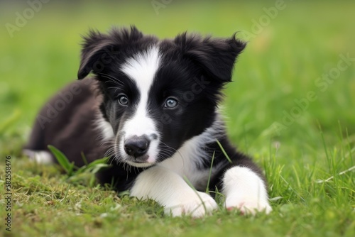 Border Collie! A four week old dog lay down on the grass. Generative AI