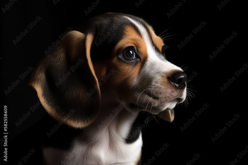 Little tricolor Beagle puppy with a melancholy expression. Generative AI
