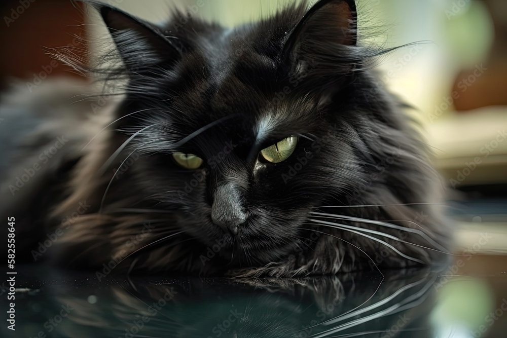 Beautiful fluffy black cat with reflection is sleeping on glass table. Generative AI