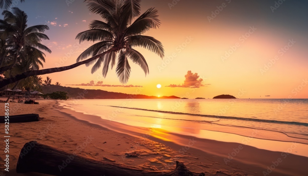 Tropical beach sea and ocean with coconut palm tree in beautiful sunrise time generative ai