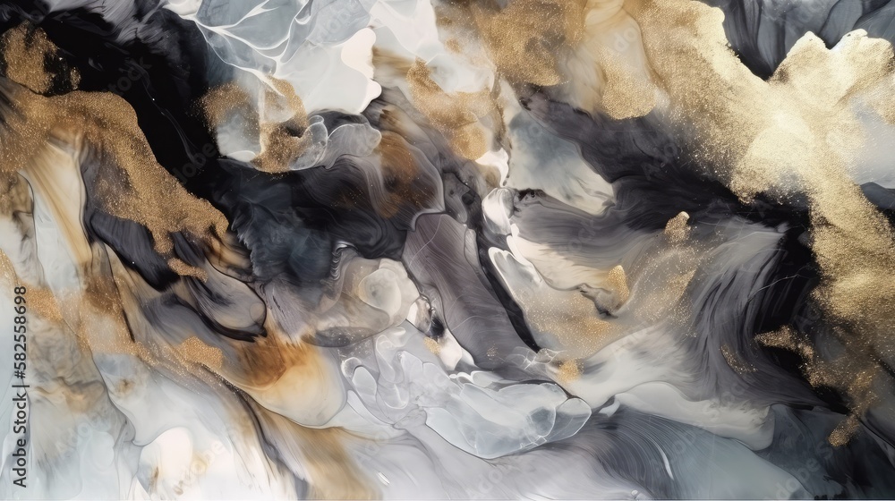 Black, white and golden marbled painting. Generative AI