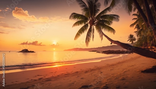 Tropical beach sea and ocean with coconut palm tree in beautiful sunrise time generative ai © Hixel