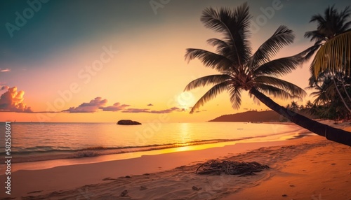 Tropical beach sea and ocean with coconut palm tree in beautiful sunrise time generative ai