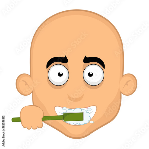 vector illustration face a bald cartoon man brushing his teeth with a toothbrush