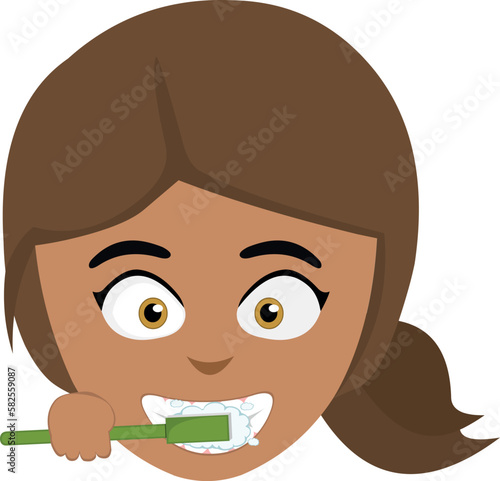 vector illustration face of a brunette girl brushing her teeth with a toothbrush