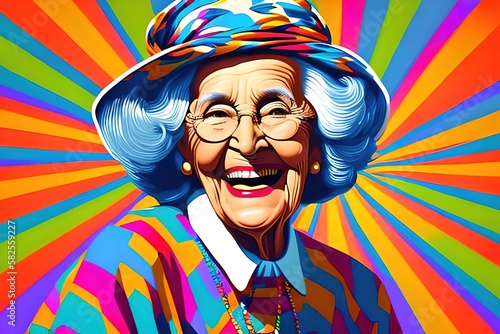 Portrait elderly woman with white curly hair, smiling. Pop art style with colorful background. Old, grandma, granny. Ai generative