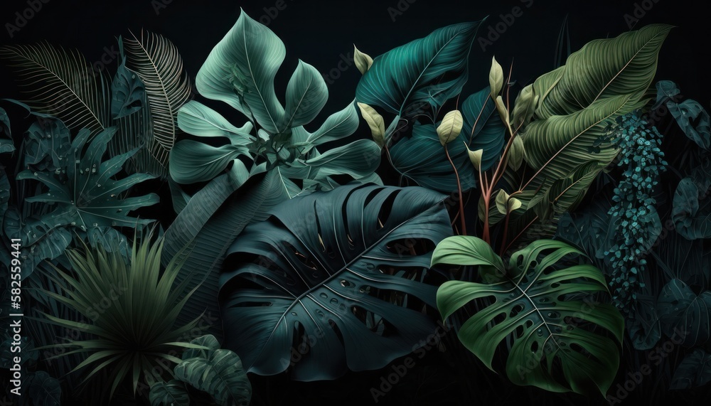 Tropical leaves background in deep dark colors with jungle leaves and ...