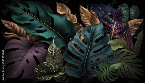 Tropical jungle leaves in deep dark colors baroque background concept generative ai photo