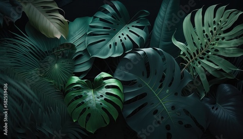 Tropical leaves background in deep dark colors with jungle leaves and plants generative ai photo