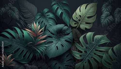 Tropical leaves background in deep dark colors with jungle leaves and plants generative ai