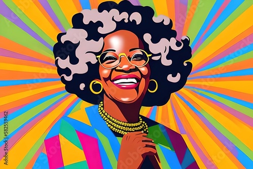 Portrait elderly African American woman with curly hair, smiling. Pop art style with colorful background. Old, grandma, granny. Ai generative