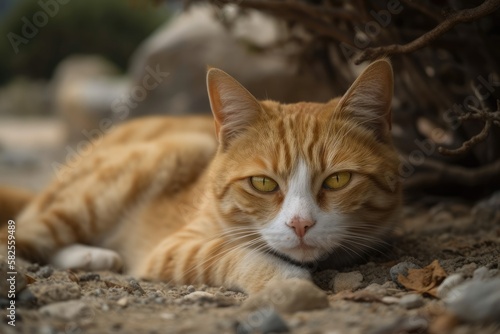 Headshot of a cute orange tabby cat laying on its back in the beach in the Plakka woodland on the Greek island of Kos. Generative AI © AkuAku