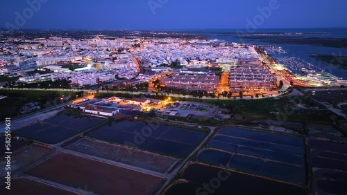 Landscape at dusk in Olhao. Aerial view from a drone of the landscape of marshes and salt flats of the Ria Formosa Natural Park. Atlantic Ocean. Olhao. Algarve. Portugal. Europe