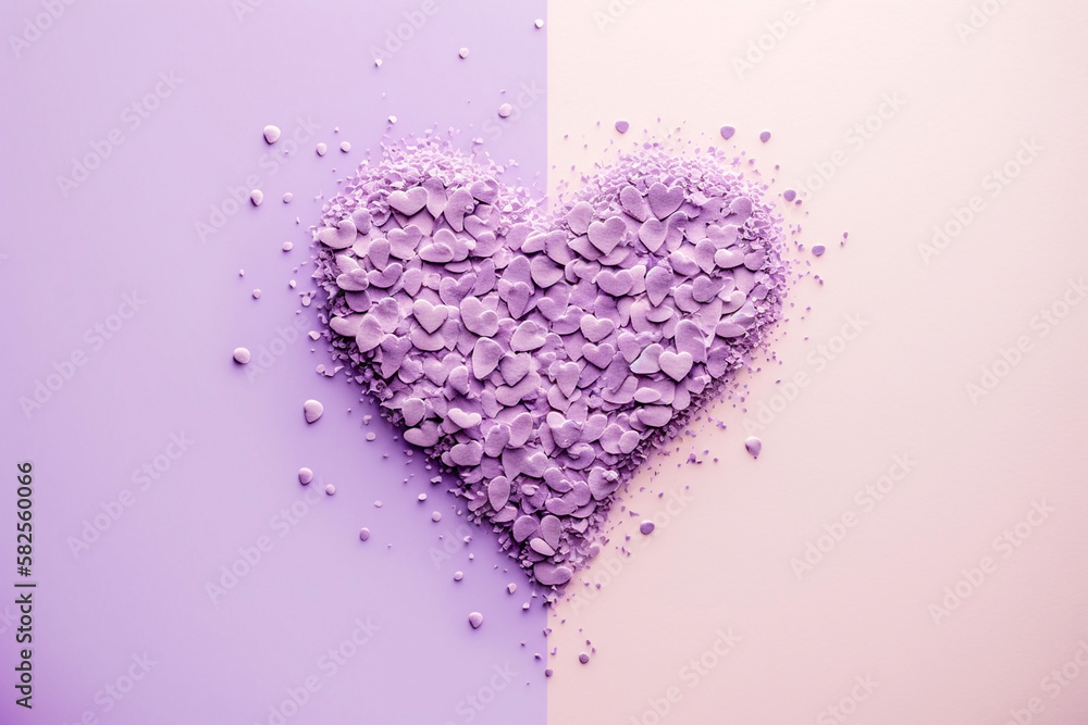 Heart shape confetti forming a heart symbol, pastel colorblock background. Generative AI