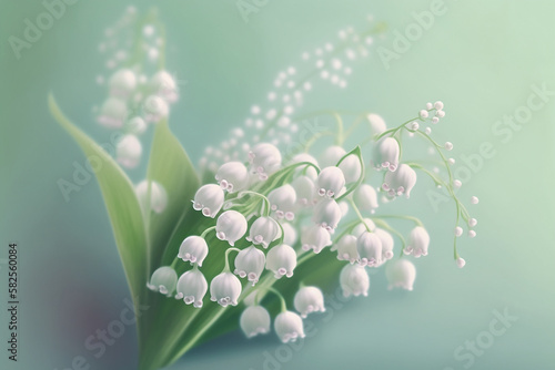 Lily of the valley watercolor painting, symbol of the 1st may, pastel mint green colors. Generative AI