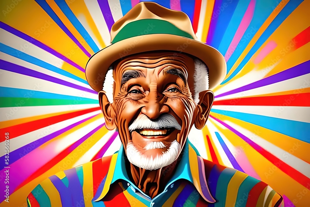 Portrait of an elderly man with brown skin and white hair, smiling. Pop art style with colorful background. Old, grandpa, gramps, gramp. Ai generative Portrait of an elderly man with brown skin and white hair, smiling. Pop art style with colorful background. Old, grandpa, gramps, gramp. Ai generative