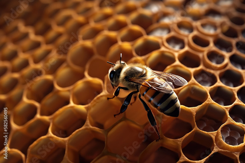 Bee on honeycomb background with copy space, Generative Ai