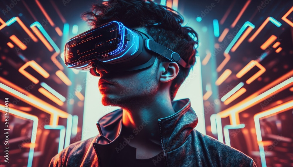 Young man using VR headset in futuristic metaverse background technology concept generative ai Young man using VR headset in futuristic metaverse background technology concept generative ai