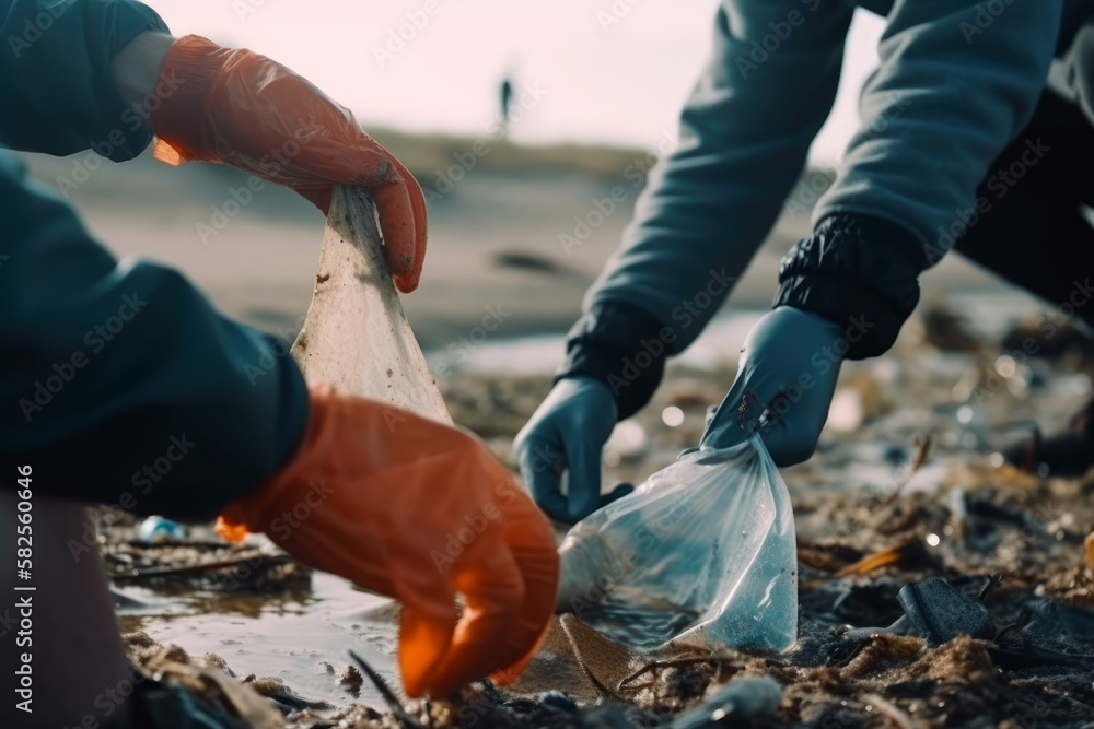 Menschen sammeln Plastikmüll am Strand auf - Generative AI - obrazy, fototapety, plakaty 