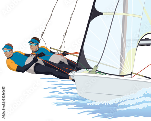 Tableau sur toile sailing two male crew leaning out in a 49er dinghy sailboat isolated on a white