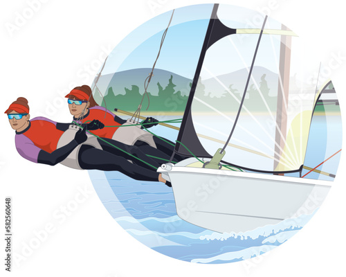 sailing two female crew leaning out in a 49er dinghy sailboat with water and sky background in circle photo