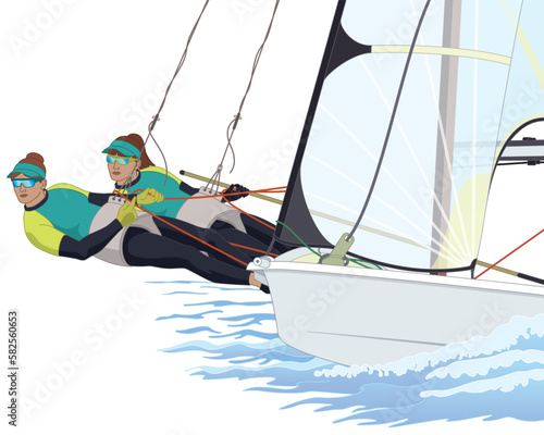 sailing two female crew leaning out in a 49er dinghy sailboat isolated on a white background