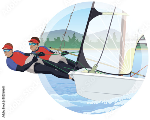 sailing two male crew leaning out in a 49er dinghy sailboat with water and sky background in circle