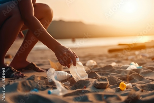 Voluntary, people collection plastic waste on a nature strand - Generative AI