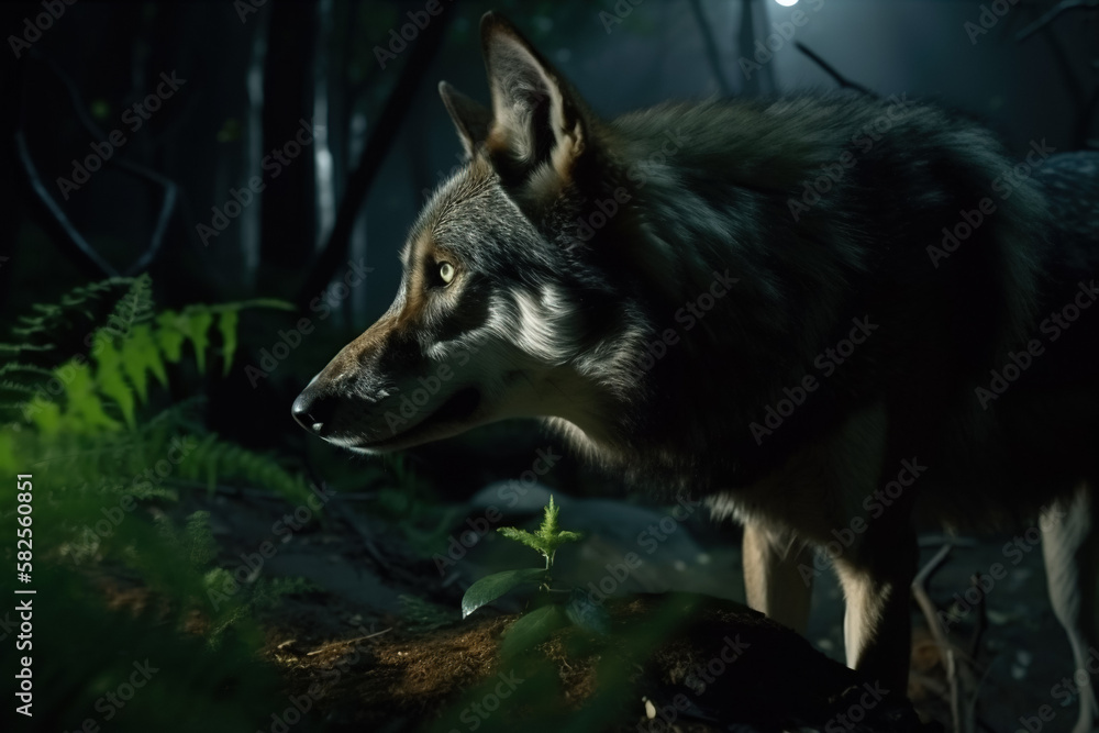 Wolf in the night forest, ethereal atmosphere, Generative Ai Wolf in the night forest, ethereal atmosphere, Generative Ai
