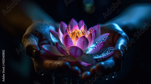 Wallpaper Mural Closeup of the lotus flower in hands, water drops, neon lights, magic atmosphere Torontodigital.ca