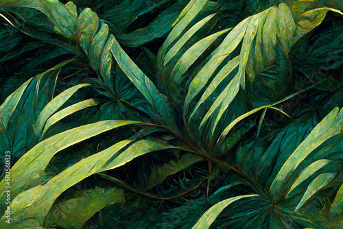 A belt of exotic tropical vegetation pattern, stunning continuous dark green background, seamless wallpaper, generative ai