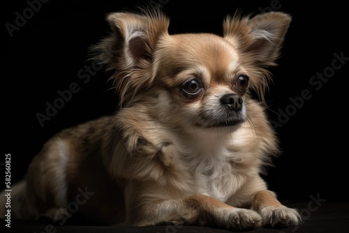 a Chihuahua dog is seated against a dark background. Generative AI © AkuAku