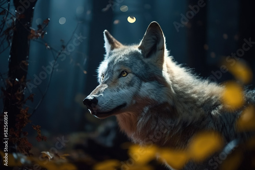 Wolf in the night forest, ethereal atmosphere, Generative Ai