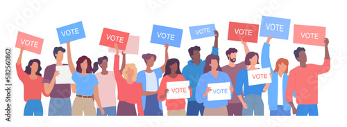 Different modern people protesting for freedom and calling to vote