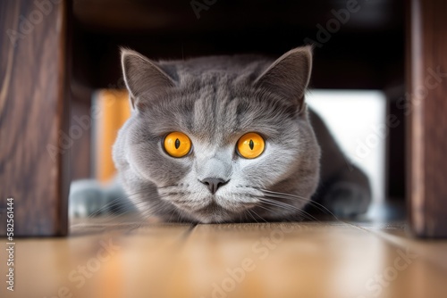 a picture of a British cat peering up from under a table. Generative AI © AkuAku